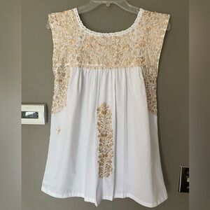 MI GOLONDRINA Flores Blouse Embroidered White Gold Beige Boho Size XS